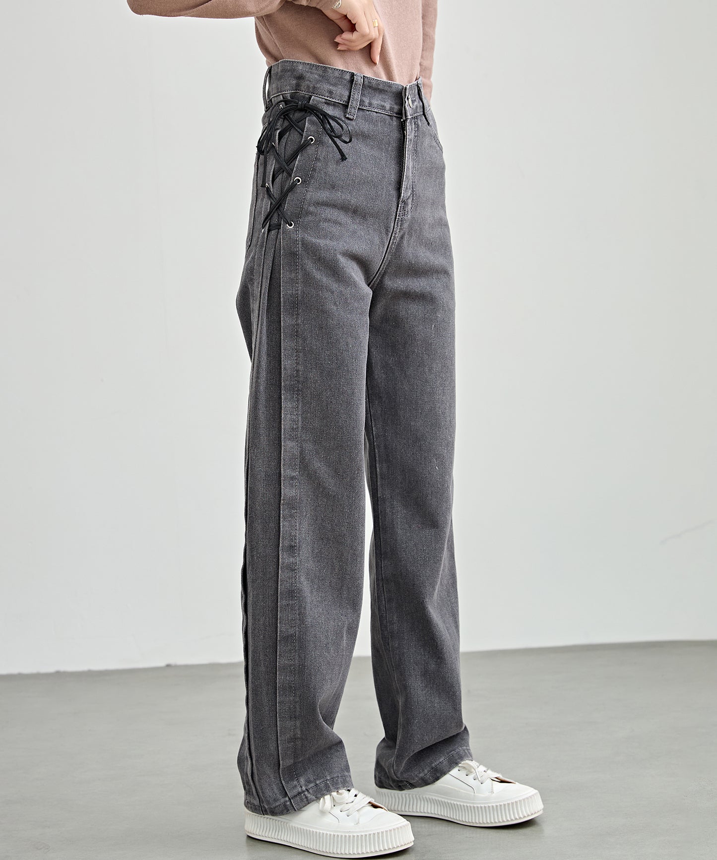 サイド レースアップ ハイウエスト ストレート デニム パンツ