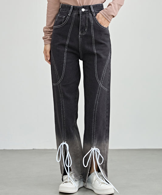 レースアップ ステッチ ハイウエスト ストレート デニム パンツ