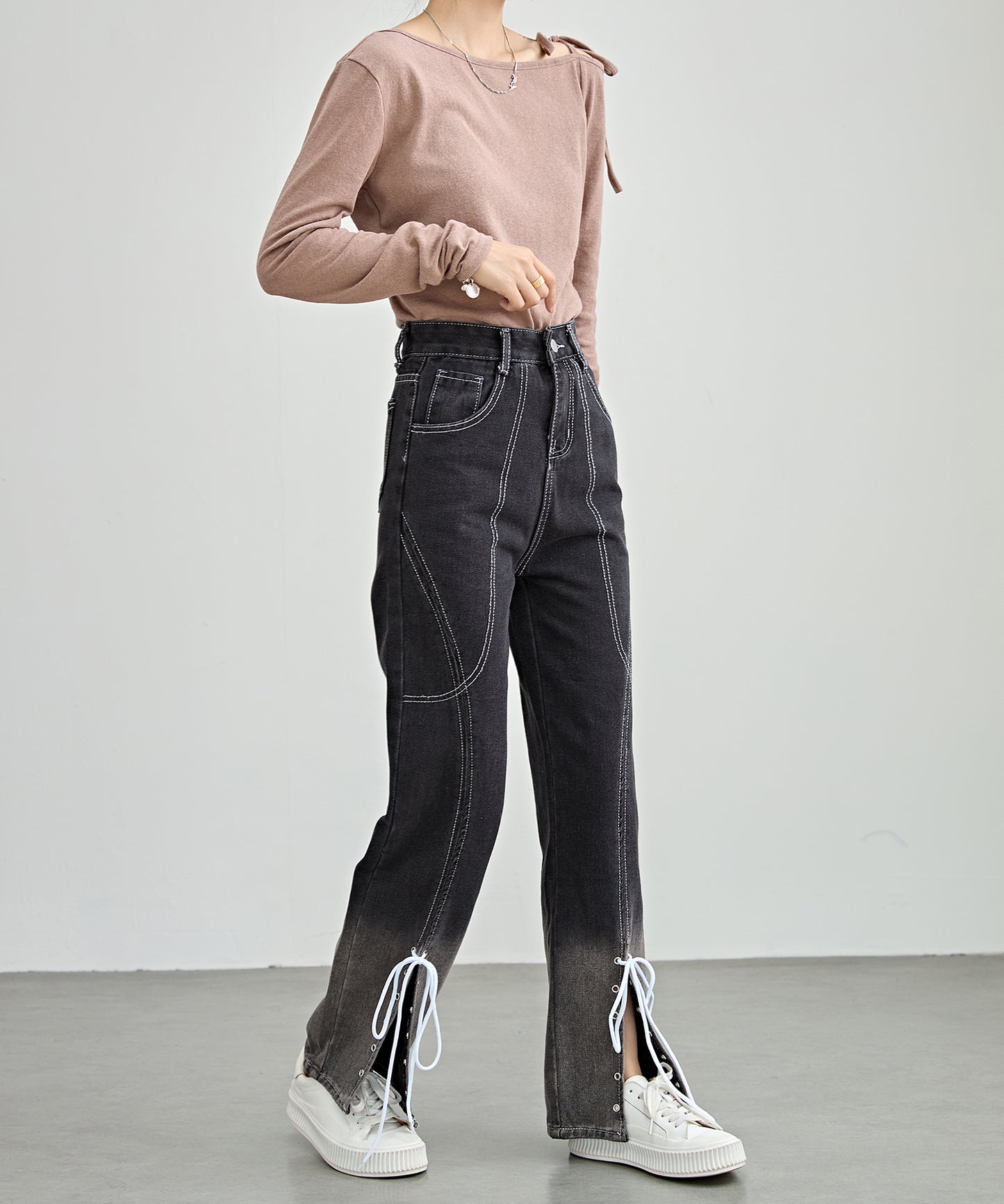 レースアップ ステッチ ハイウエスト ストレート デニム パンツ