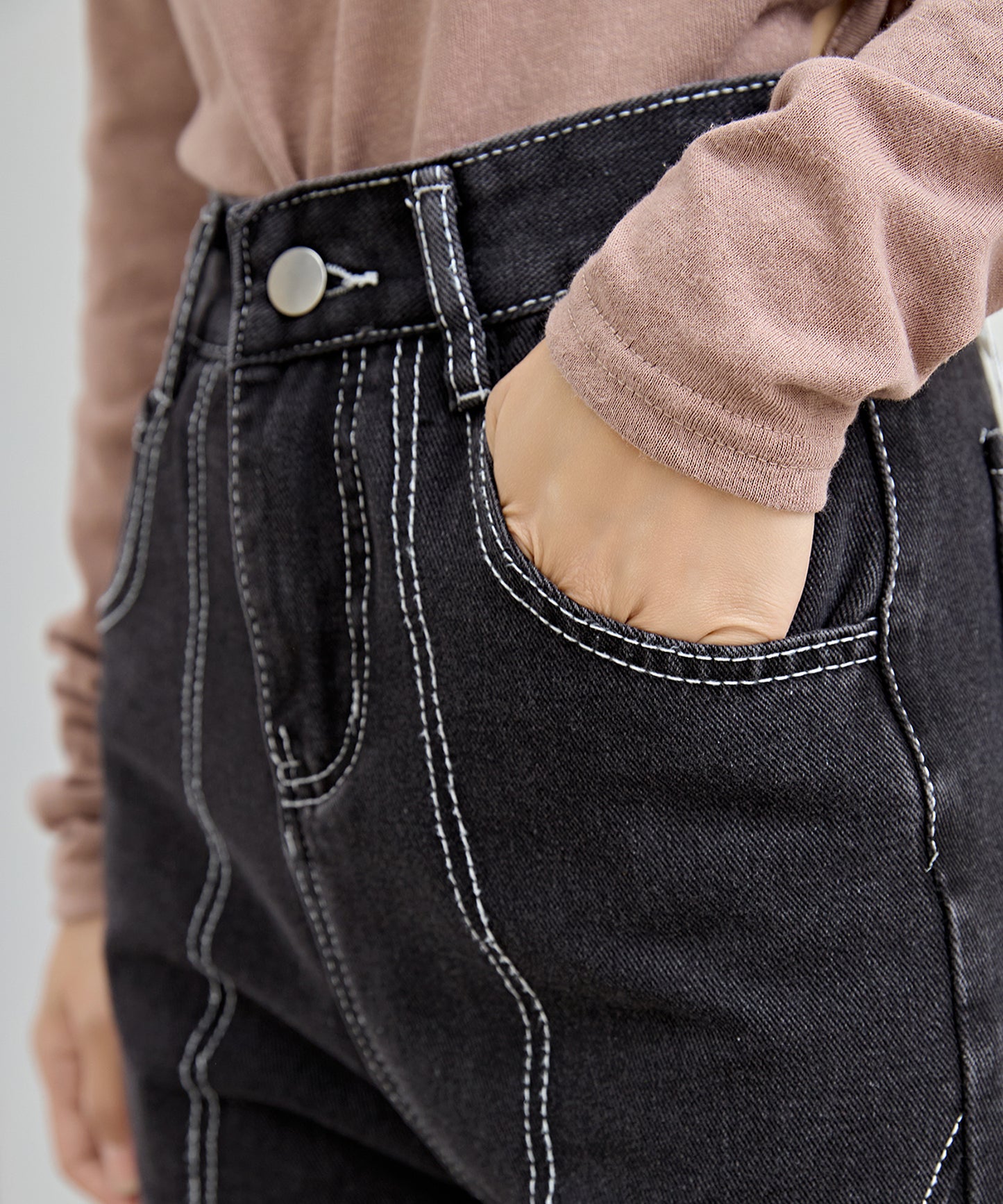 レースアップ ステッチ ハイウエスト ストレート デニム パンツ