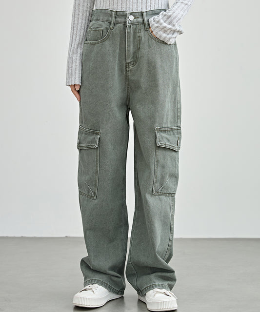 ハイウエスト ポケット付き カーゴ デニム パンツ