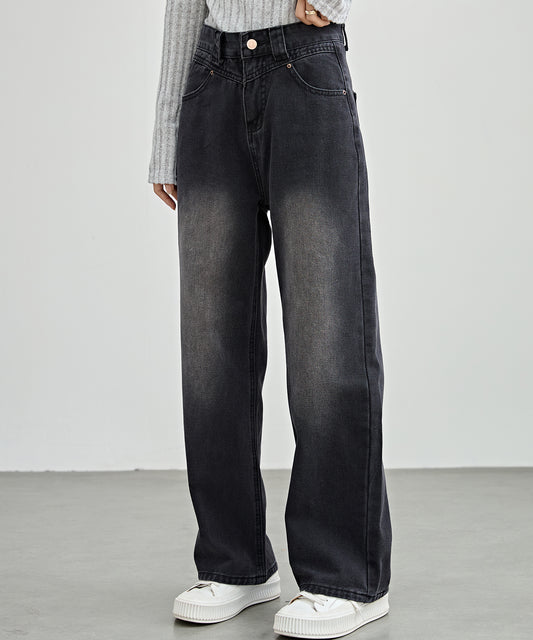 ハイウエスト V字 ステッチ セミワイド デニム パンツ