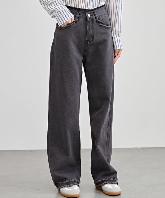 ハイウエスト フリンジ ワイド デニム パンツ