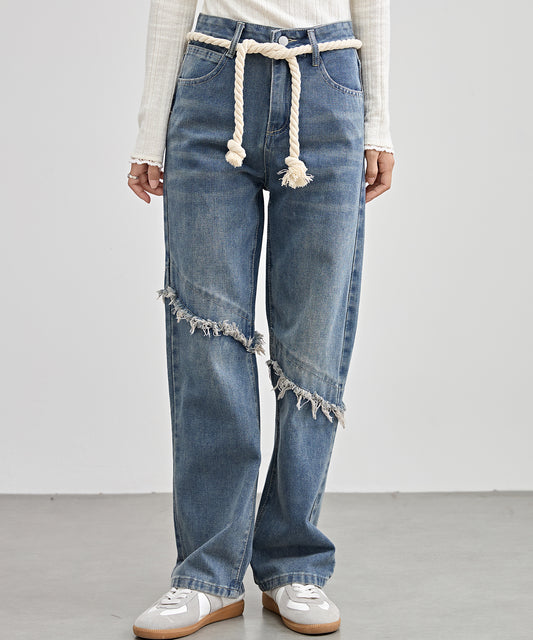 ロープベルト付き ハイウエスト フリンジ デニム パンツ
