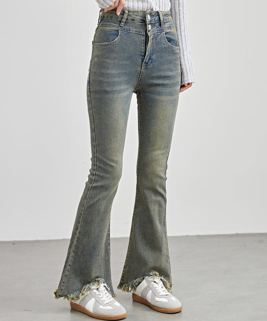 ハイウエスト スリム フレア フリンジ デニム パンツ