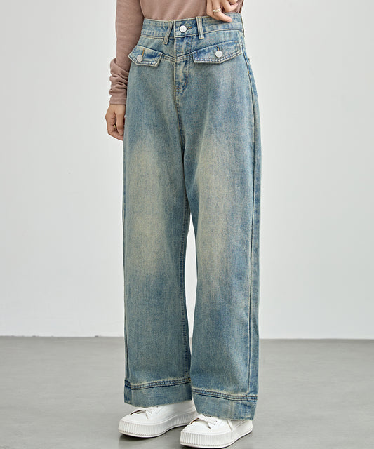 フラップデザイン ハイウエスト ワイド デニム パンツ