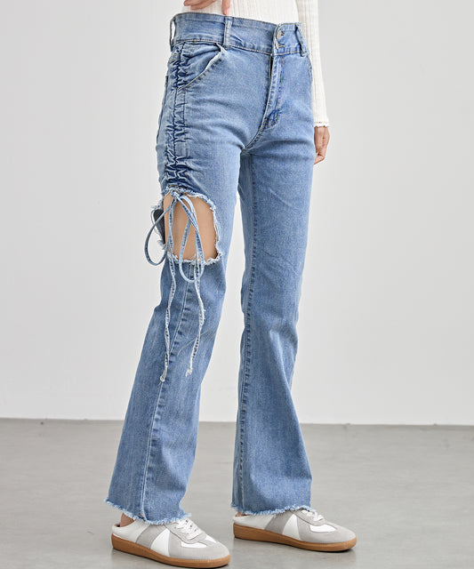 サイド シャーリング カットアウト ダメージ デニム パンツ