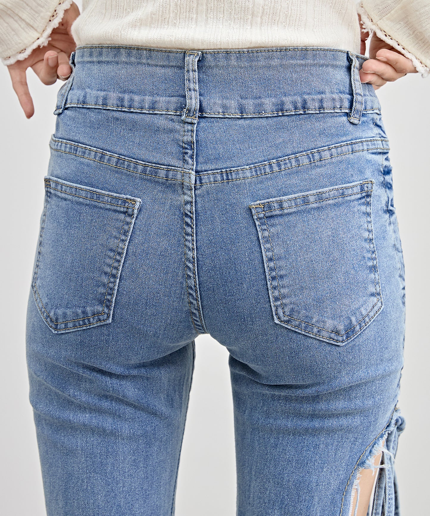 サイド シャーリング カットアウト ダメージ デニム パンツ