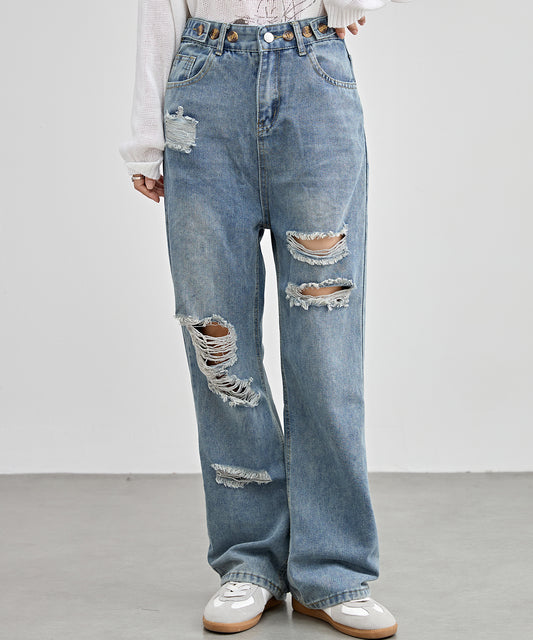 ハイウエスト ウォッシュド ダメージ デニム パンツ