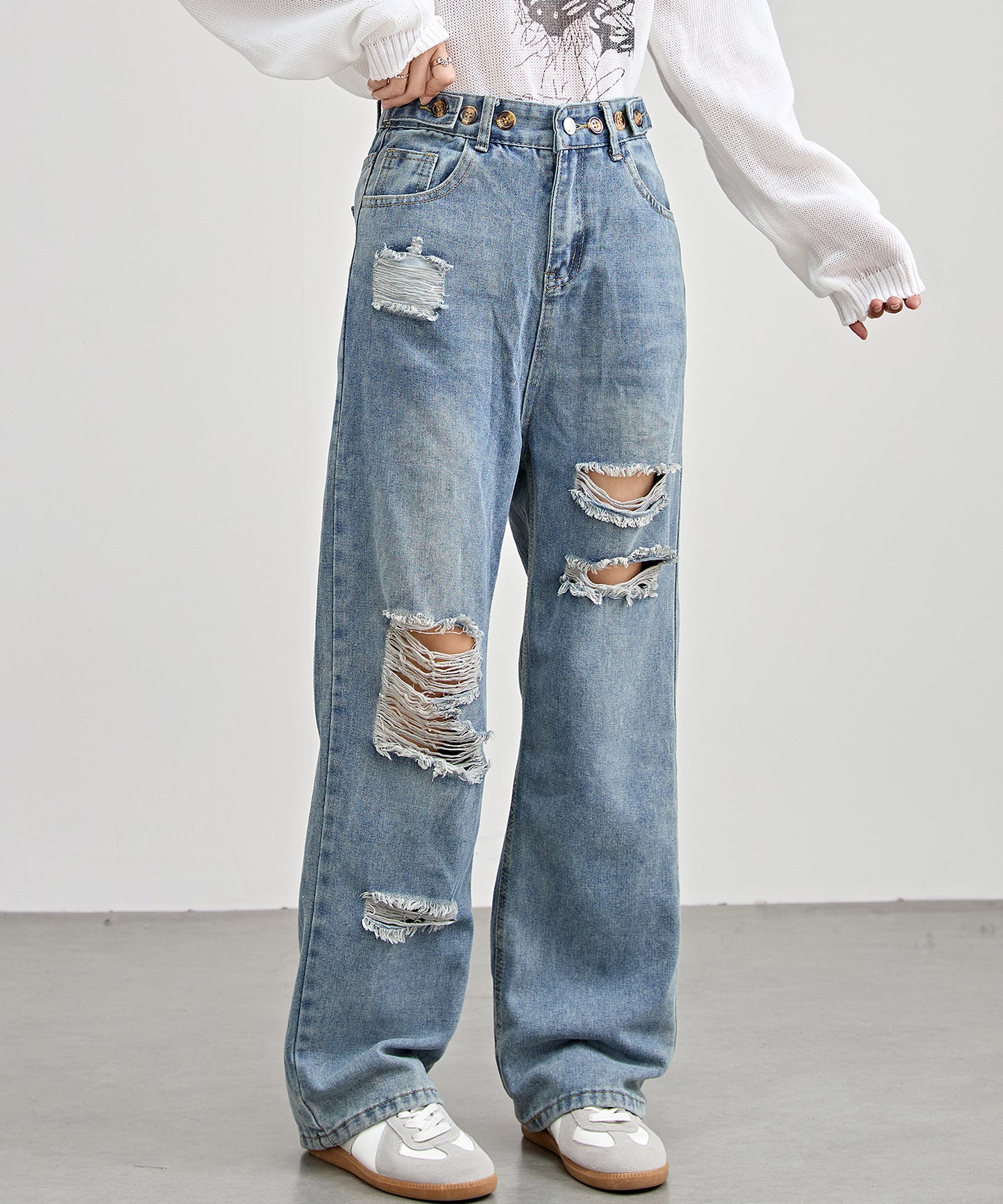 ハイウエスト ウォッシュド ダメージ デニム パンツ