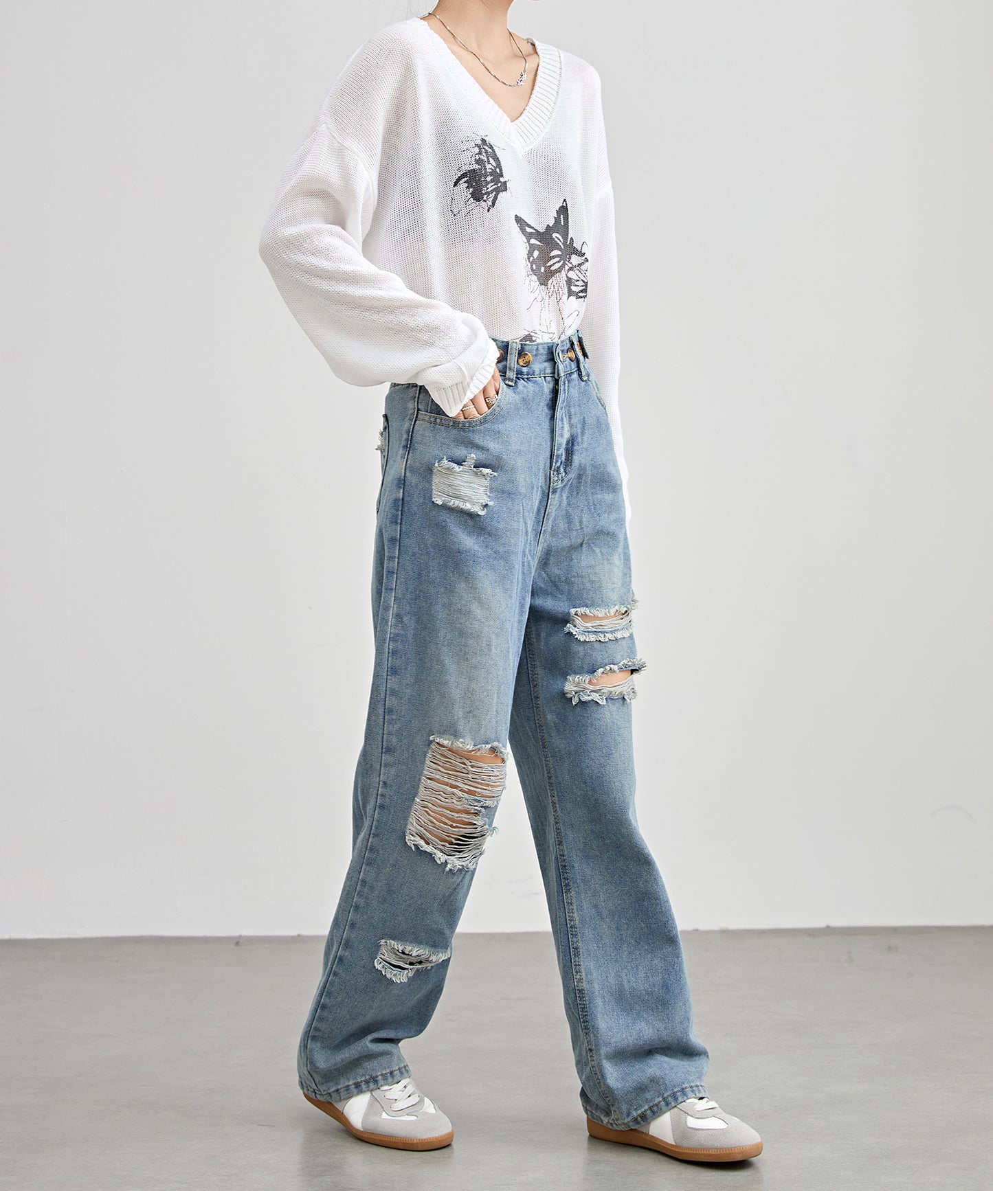 ハイウエスト ウォッシュド ダメージ デニム パンツ