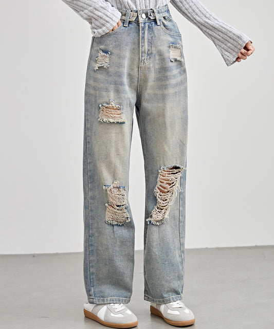 ハイウエスト セミワイド ダメージ デニム パンツ