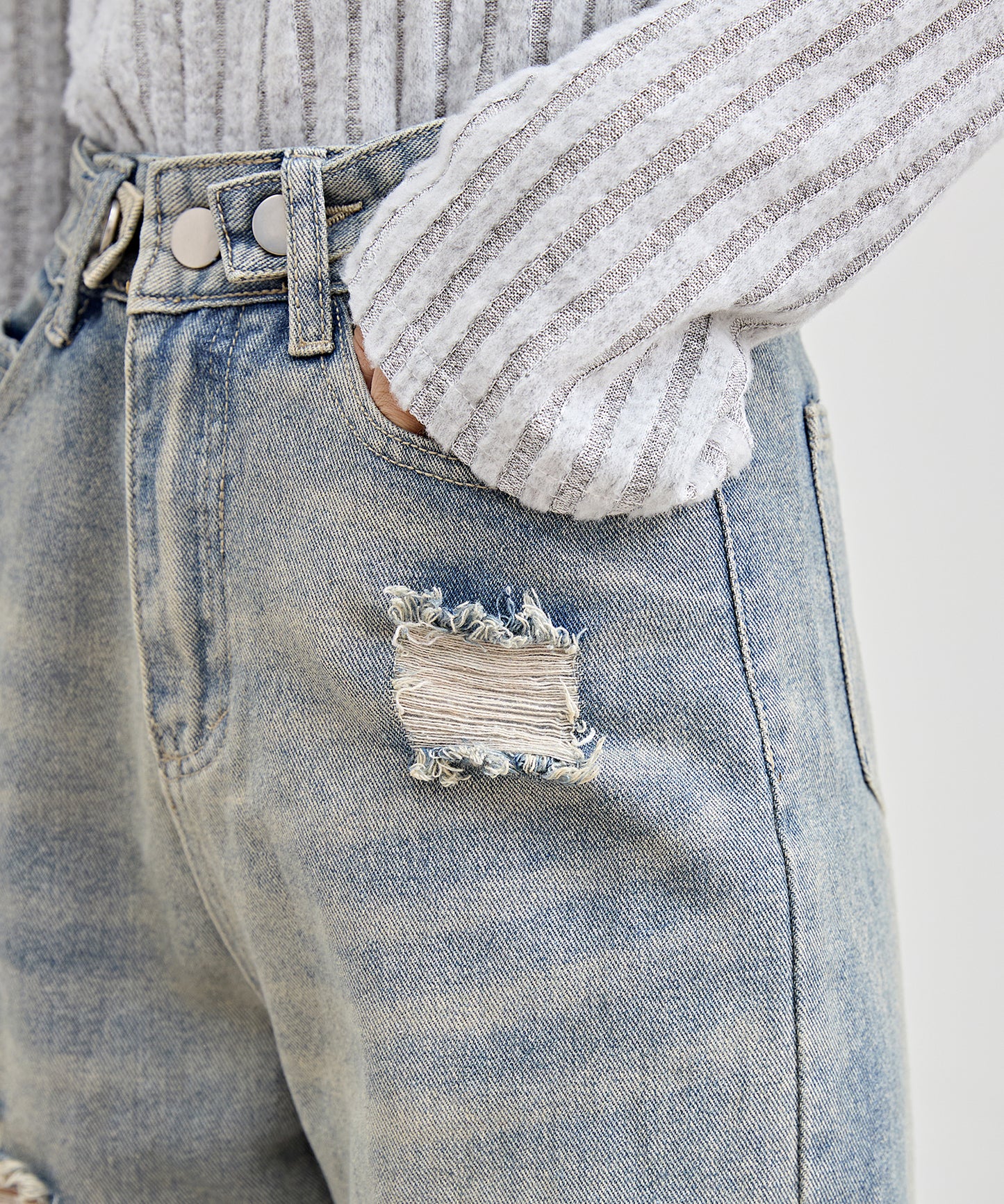 ハイウエスト セミワイド ダメージ デニム パンツ
