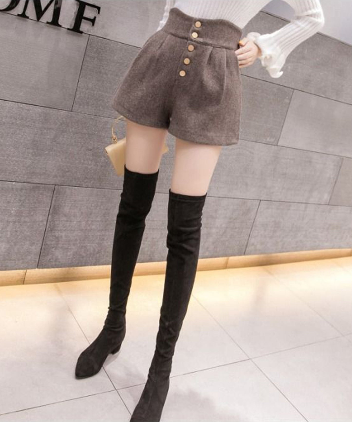 ハイウエスト ボタン タック ショート パンツ