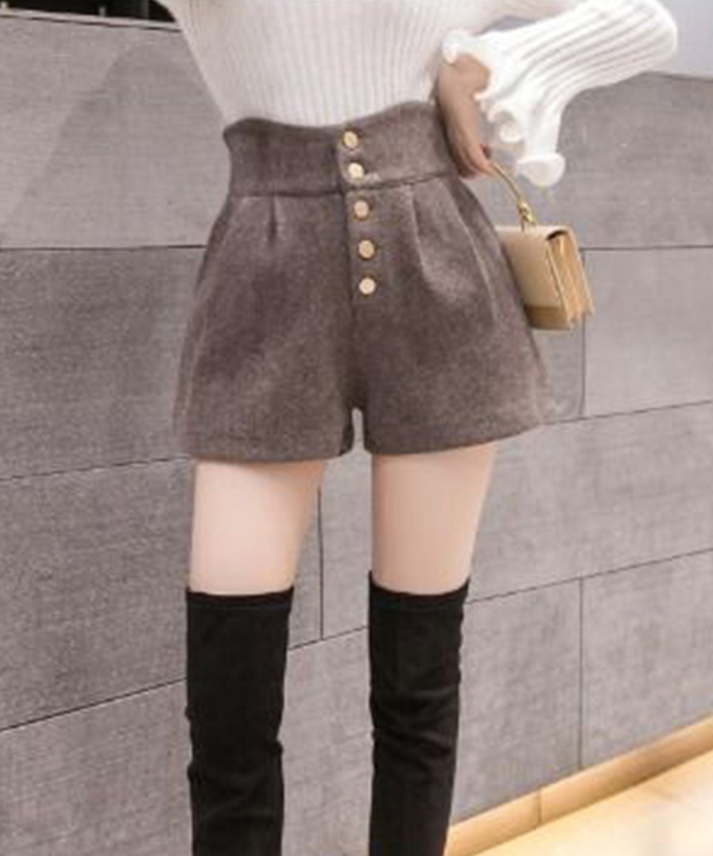 ハイウエスト ボタン タック ショート パンツ