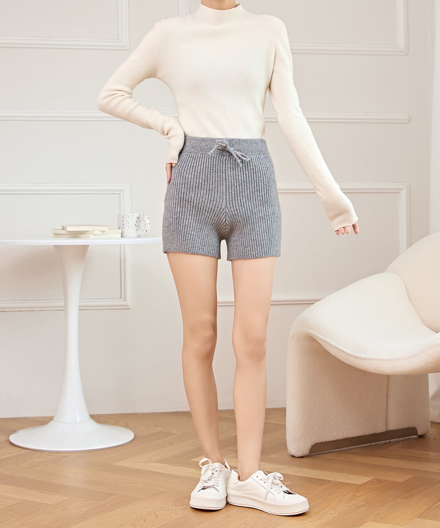 リブ ニット リボン付き ショート パンツ