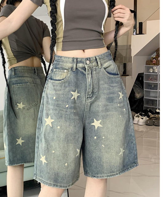 スター プリント ウォッシュ デニム ハーフパンツ