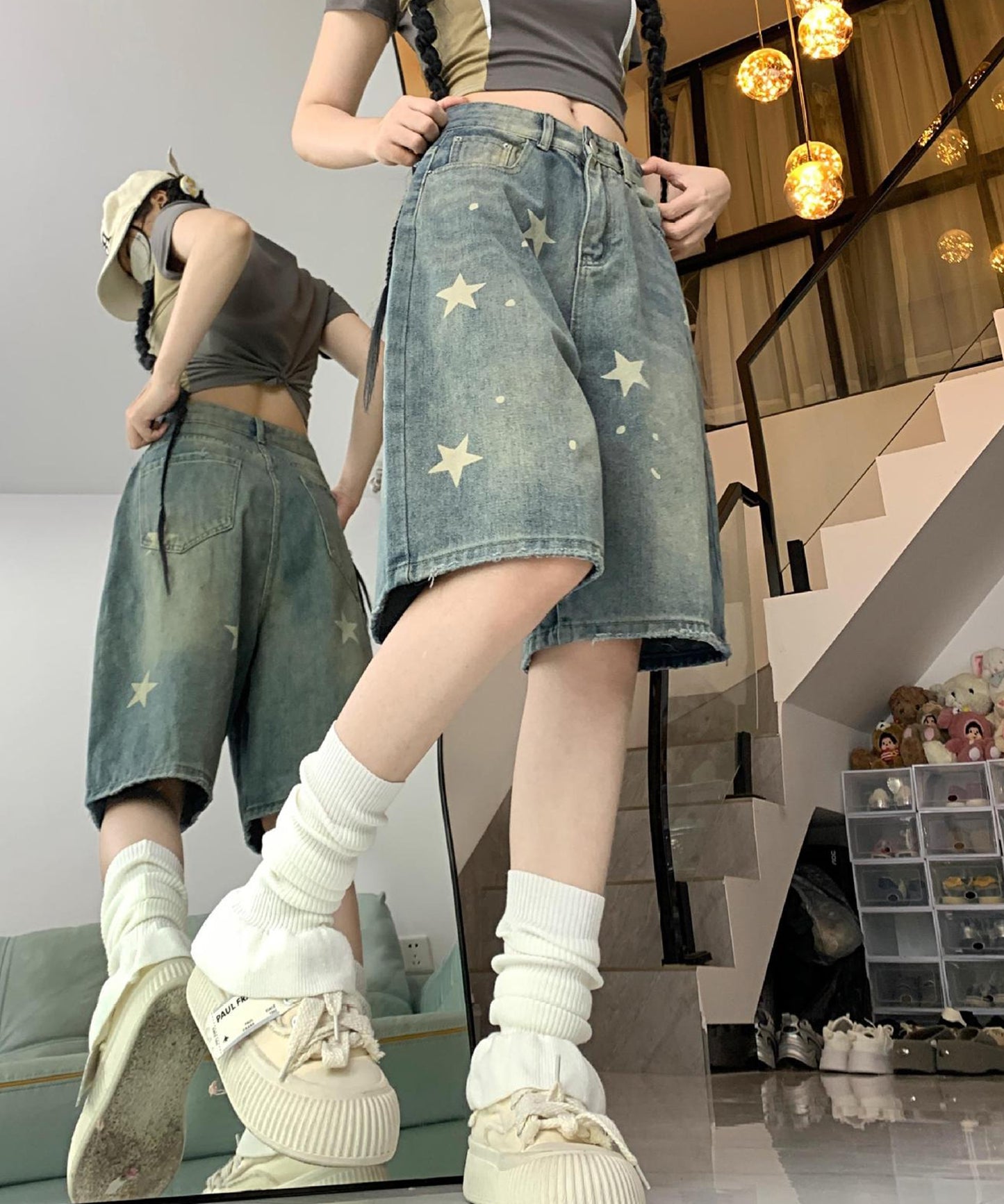 スター プリント ウォッシュ デニム ハーフパンツ