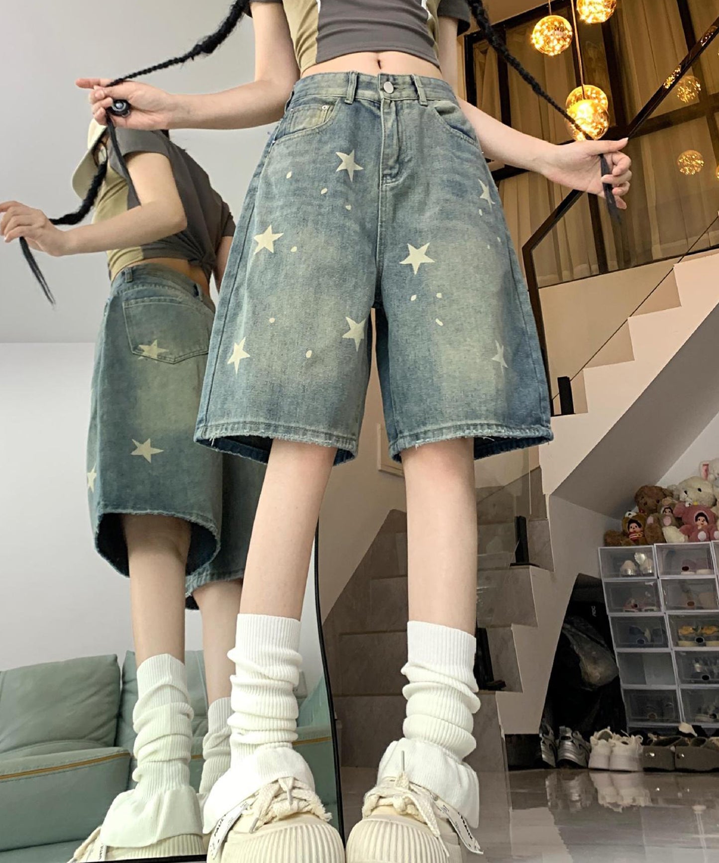 スター プリント ウォッシュ デニム ハーフパンツ