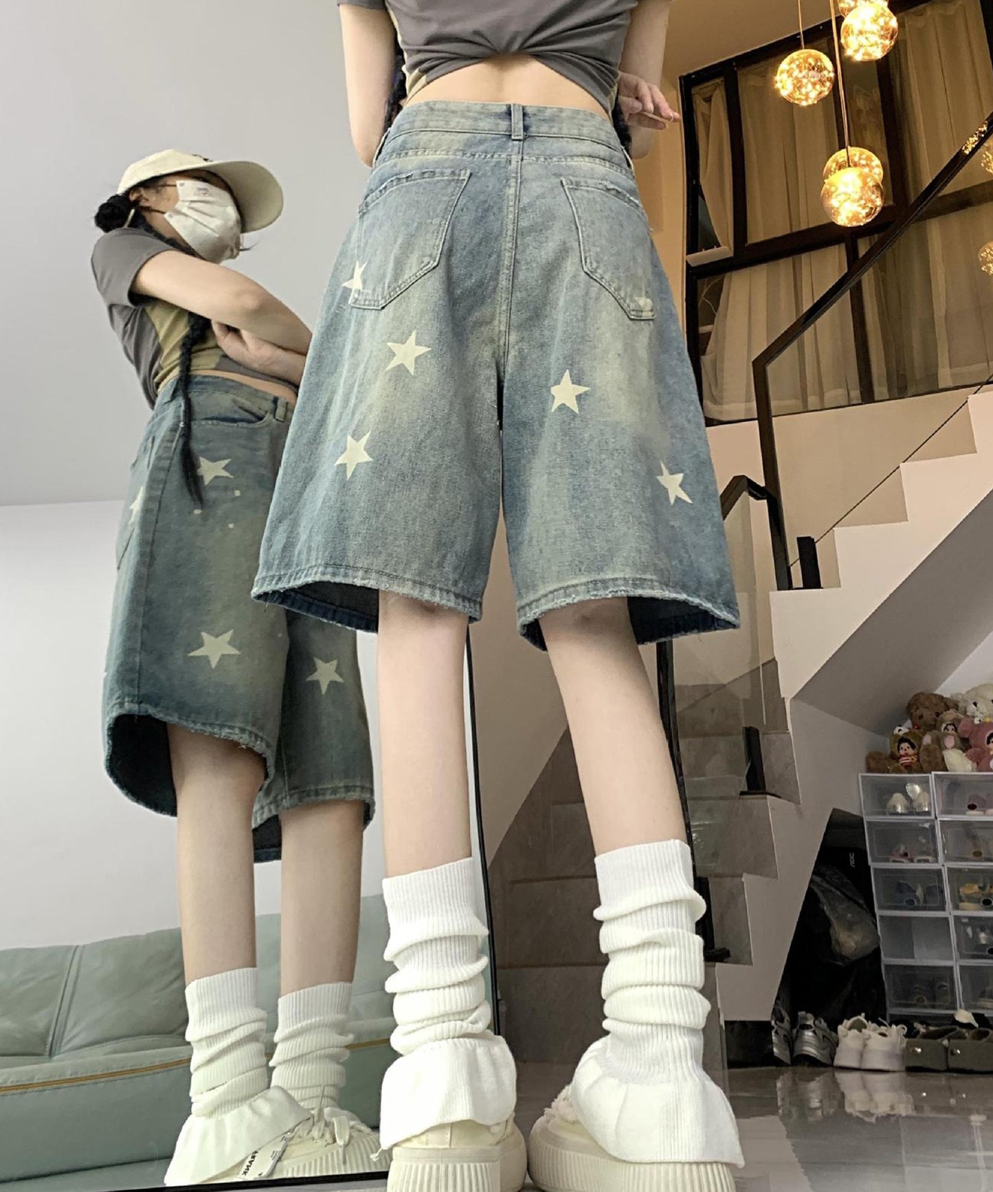 スター プリント ウォッシュ デニム ハーフパンツ