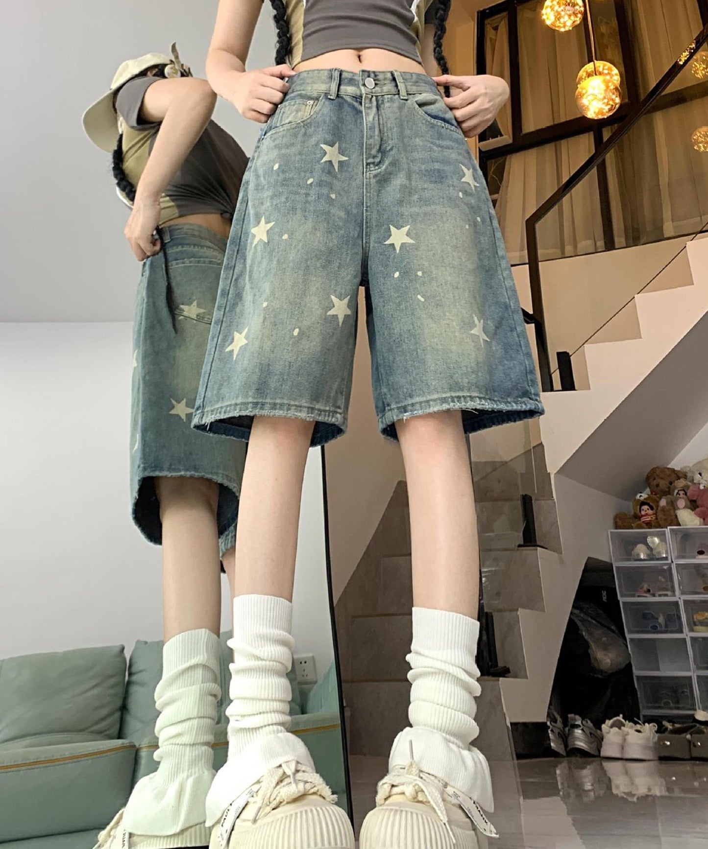スター プリント ウォッシュ デニム ハーフパンツ