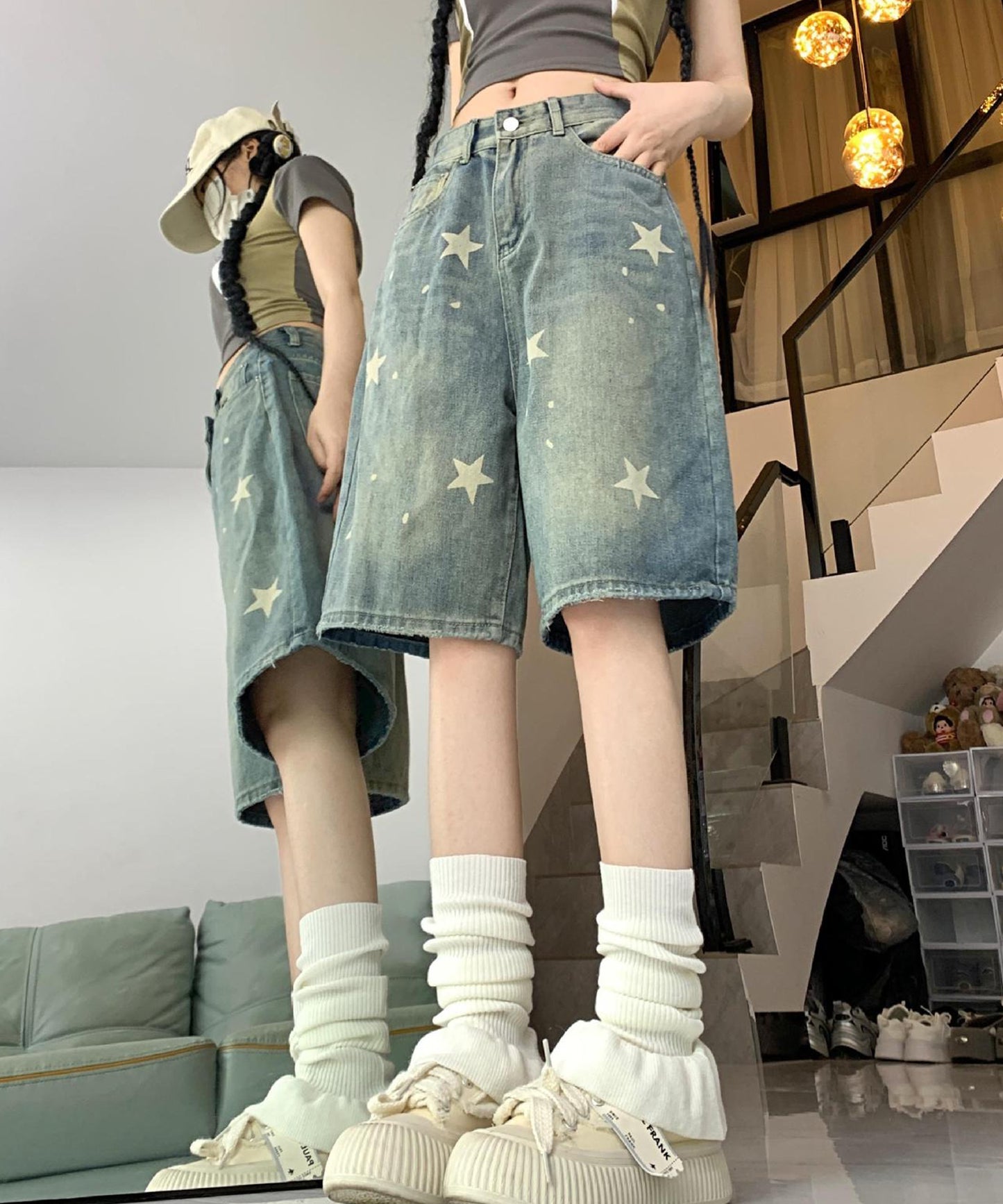 スター プリント ウォッシュ デニム ハーフパンツ