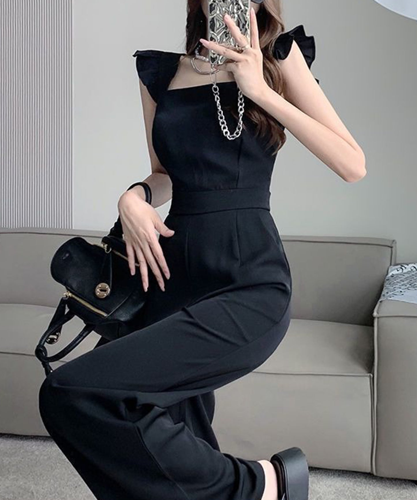 ショルダー フリル ハイウエスト フレア サロペット