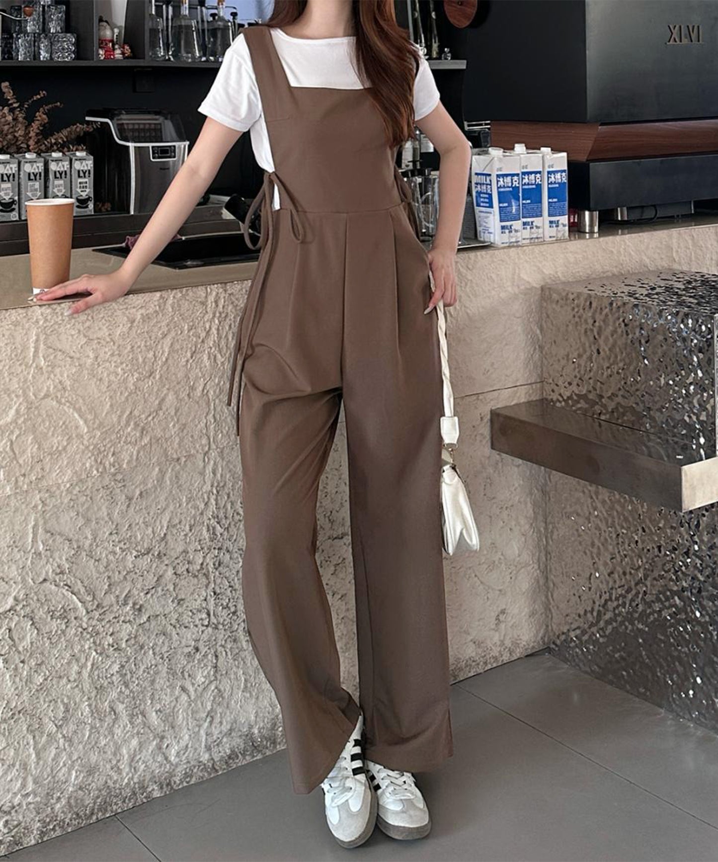 サイドリボン タック ハイウエスト サロペット パンツ