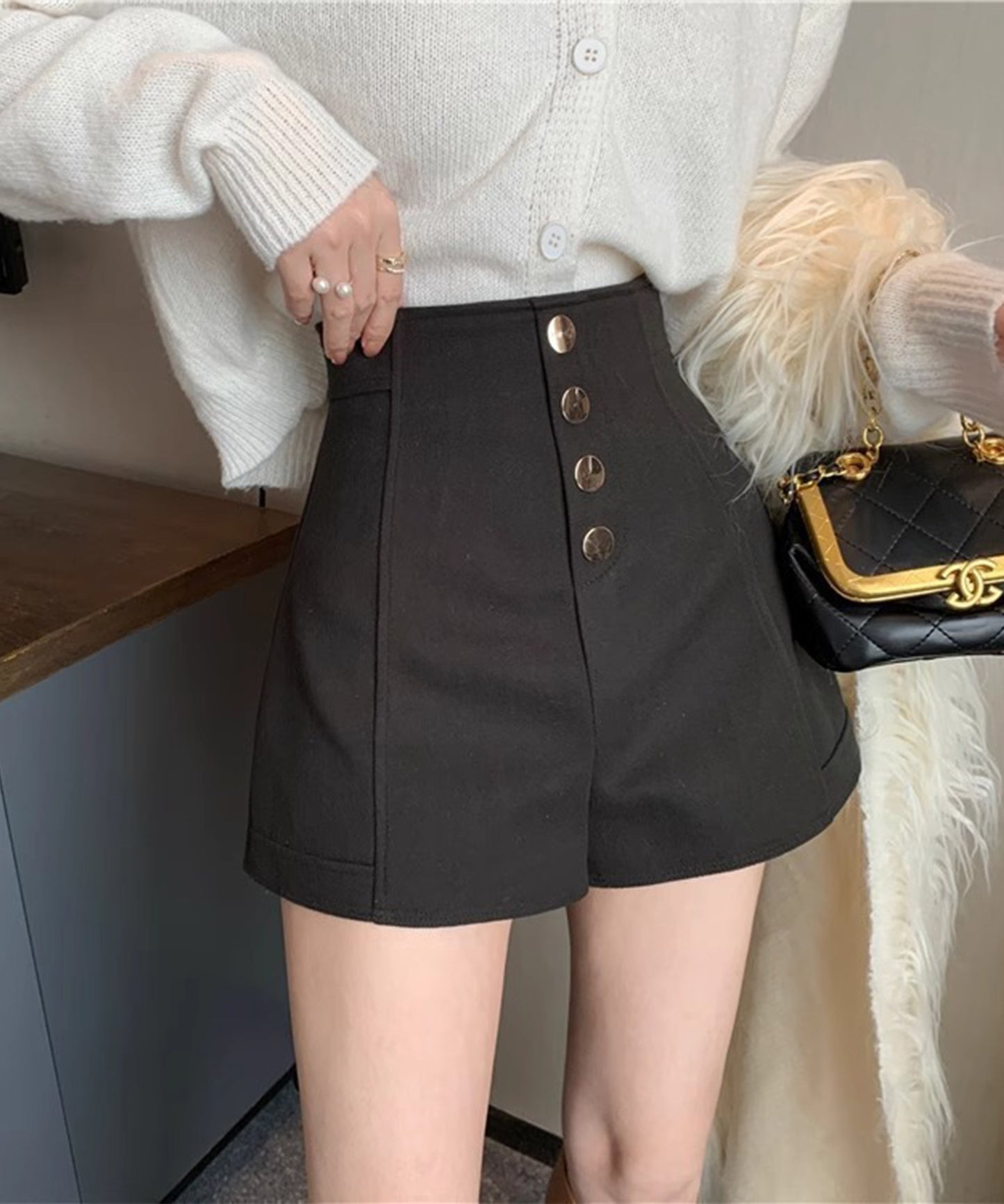 フロントボタン ハイウエスト フレア ショート パンツ