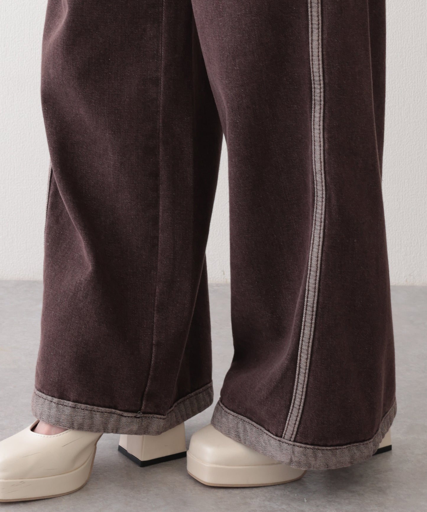 配色 ステッチライン ハイウエスト ワイド デニムパンツ