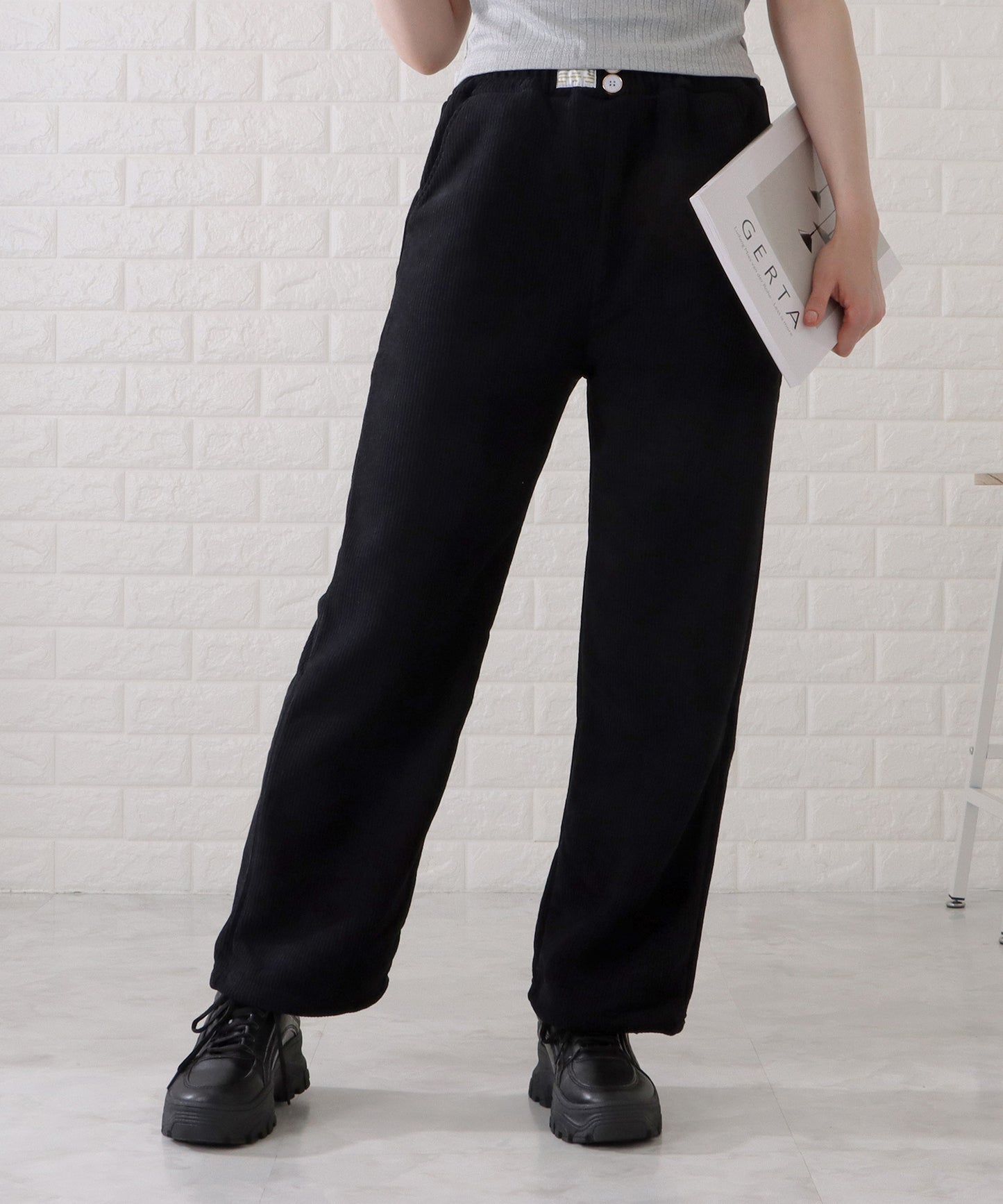 ウエストボタン付きテレコワイドパンツ