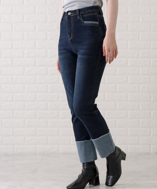ロールアップハイウエストストレートデニムパンツ