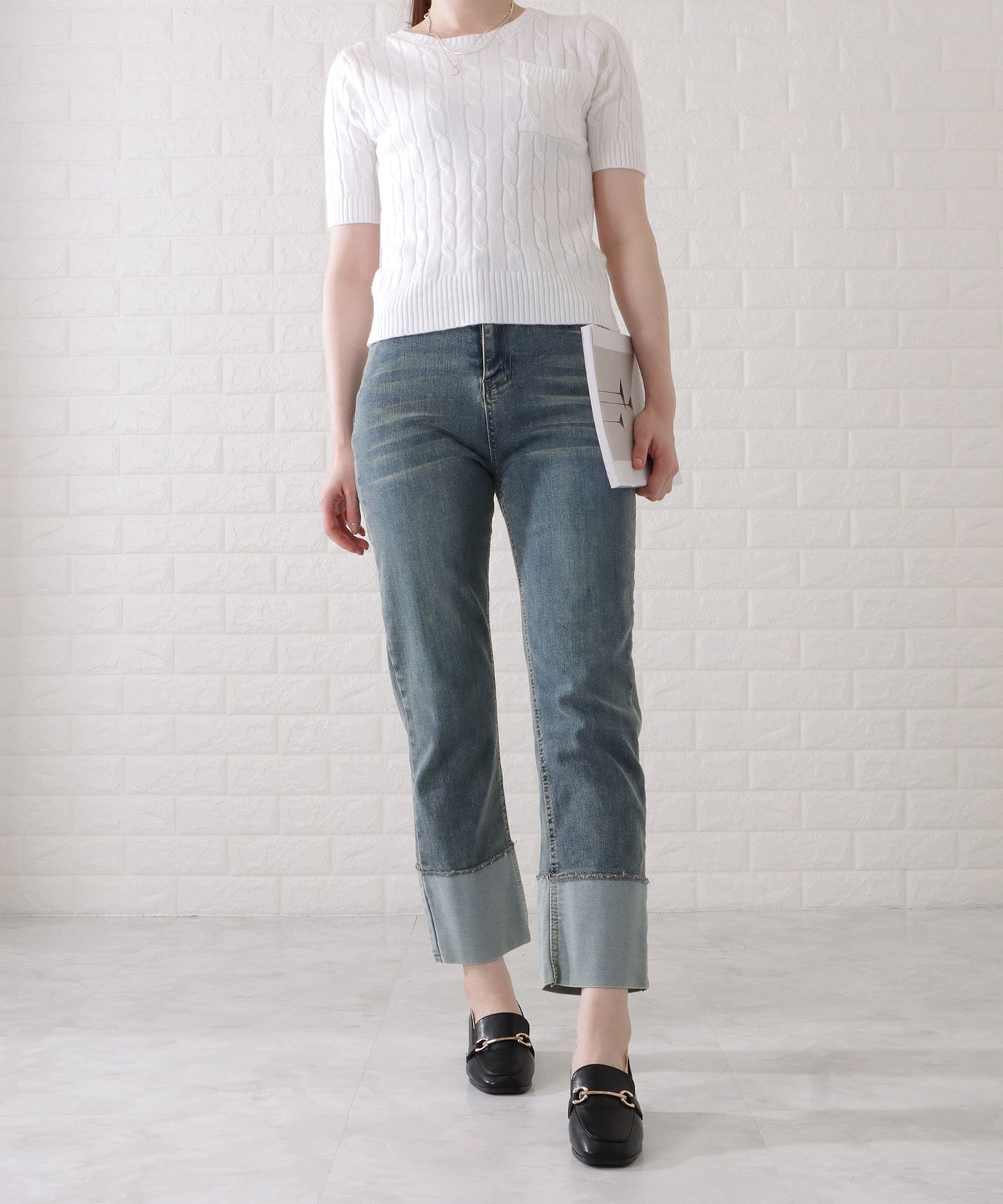 ロールアップハイウエストストレートデニムパンツ