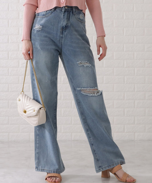 ハイウエストダメージワイドデニムパンツ