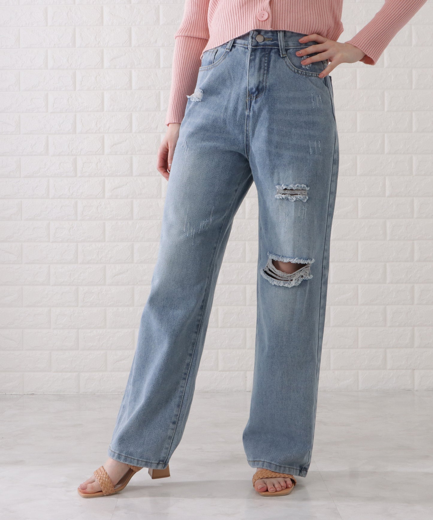 ハイウエストダメージワイドデニムパンツ