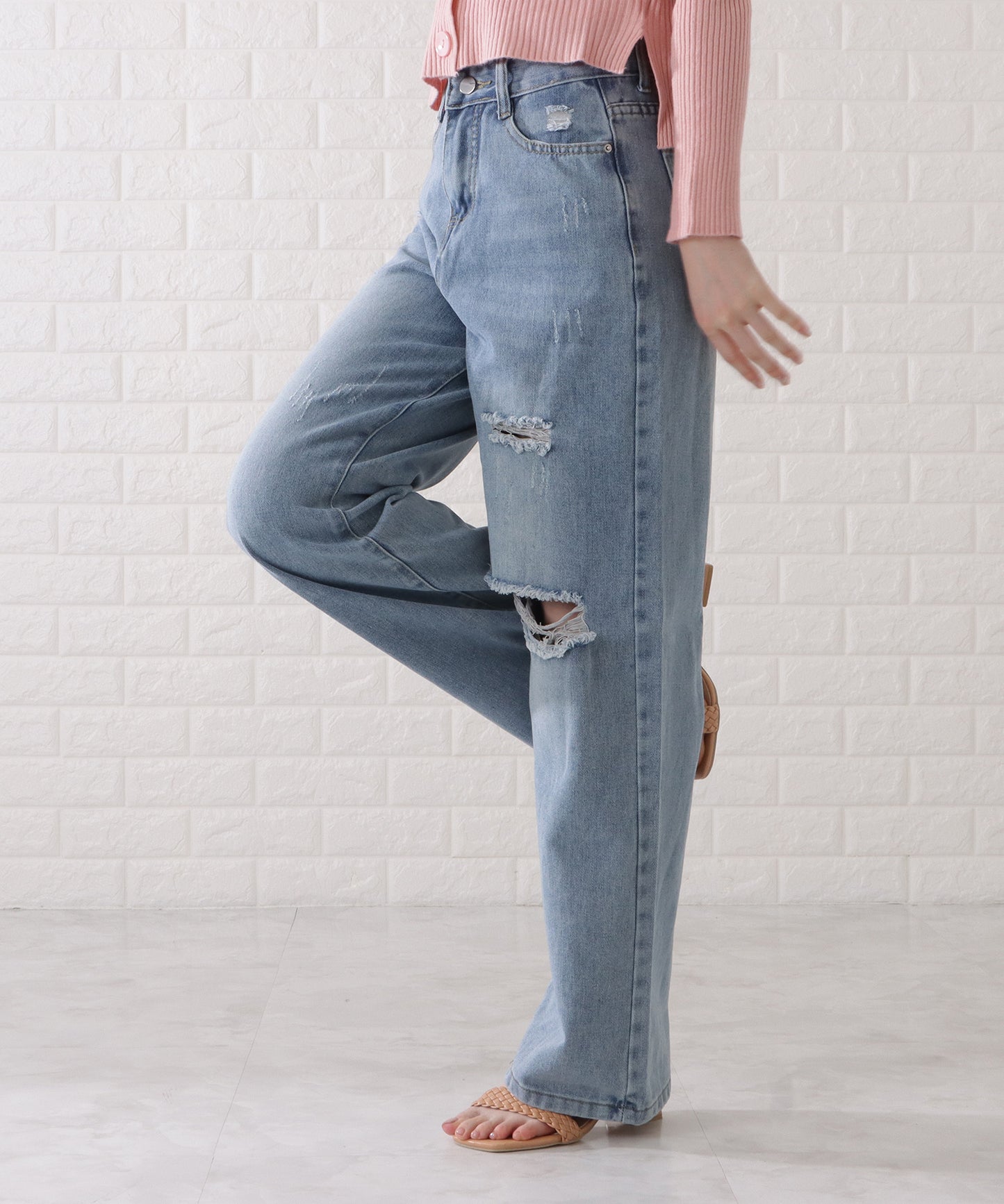 ハイウエストダメージワイドデニムパンツ