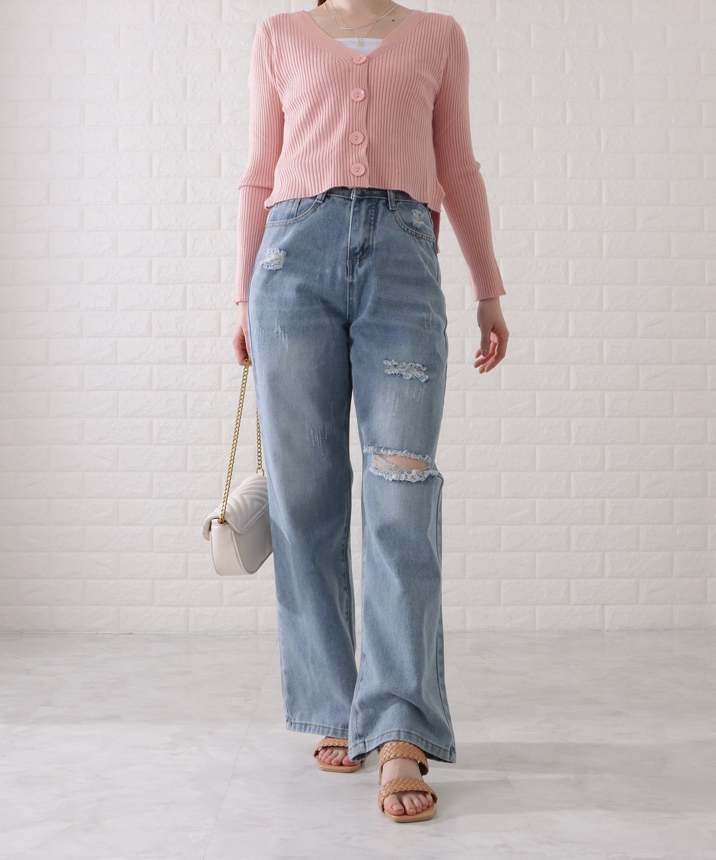 ハイウエストダメージワイドデニムパンツ