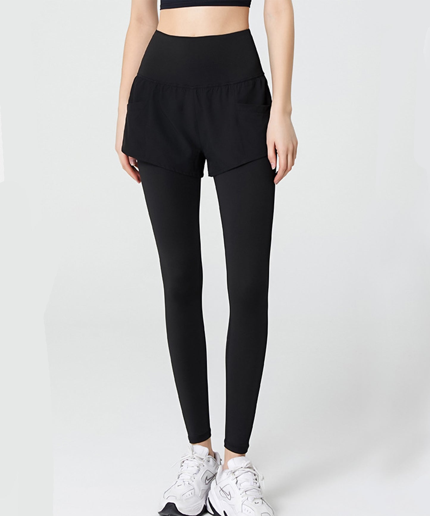 フェイクレイヤード ハイウエスト ポケット付き ヨガ レギンス  水陸両用