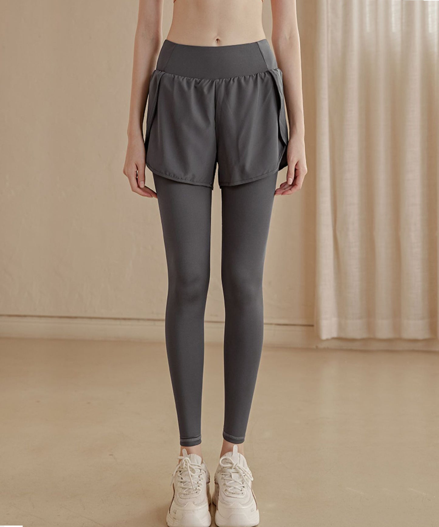 フェイクレイヤード ハイウエスト ポケット付き ヨガ レギンス  水陸両用