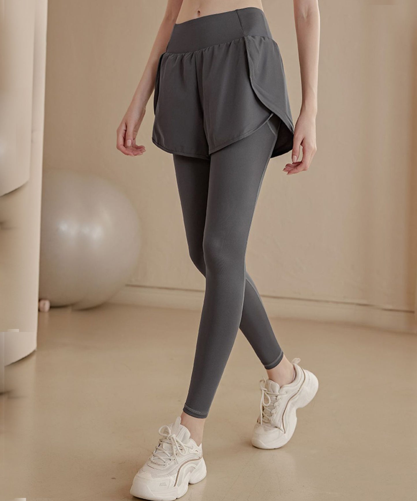 フェイクレイヤード ハイウエスト ポケット付き ヨガ レギンス  水陸両用