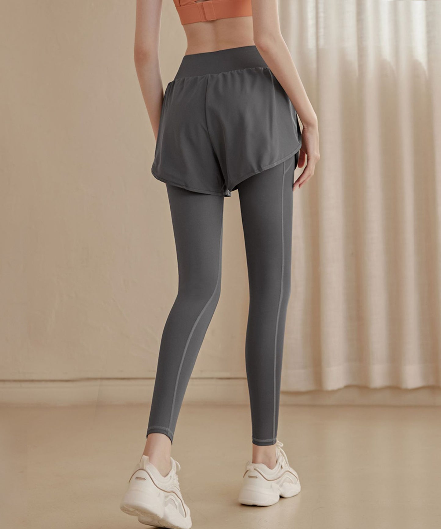 フェイクレイヤード ハイウエスト ポケット付き ヨガ レギンス  水陸両用