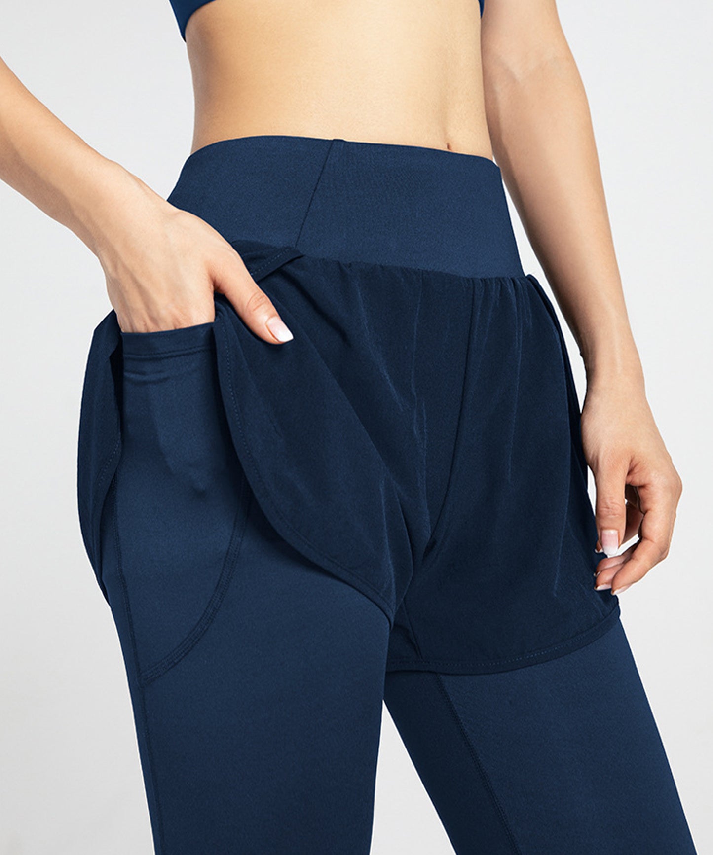 フェイクレイヤード ハイウエスト ポケット付き ヨガ レギンス  水陸両用