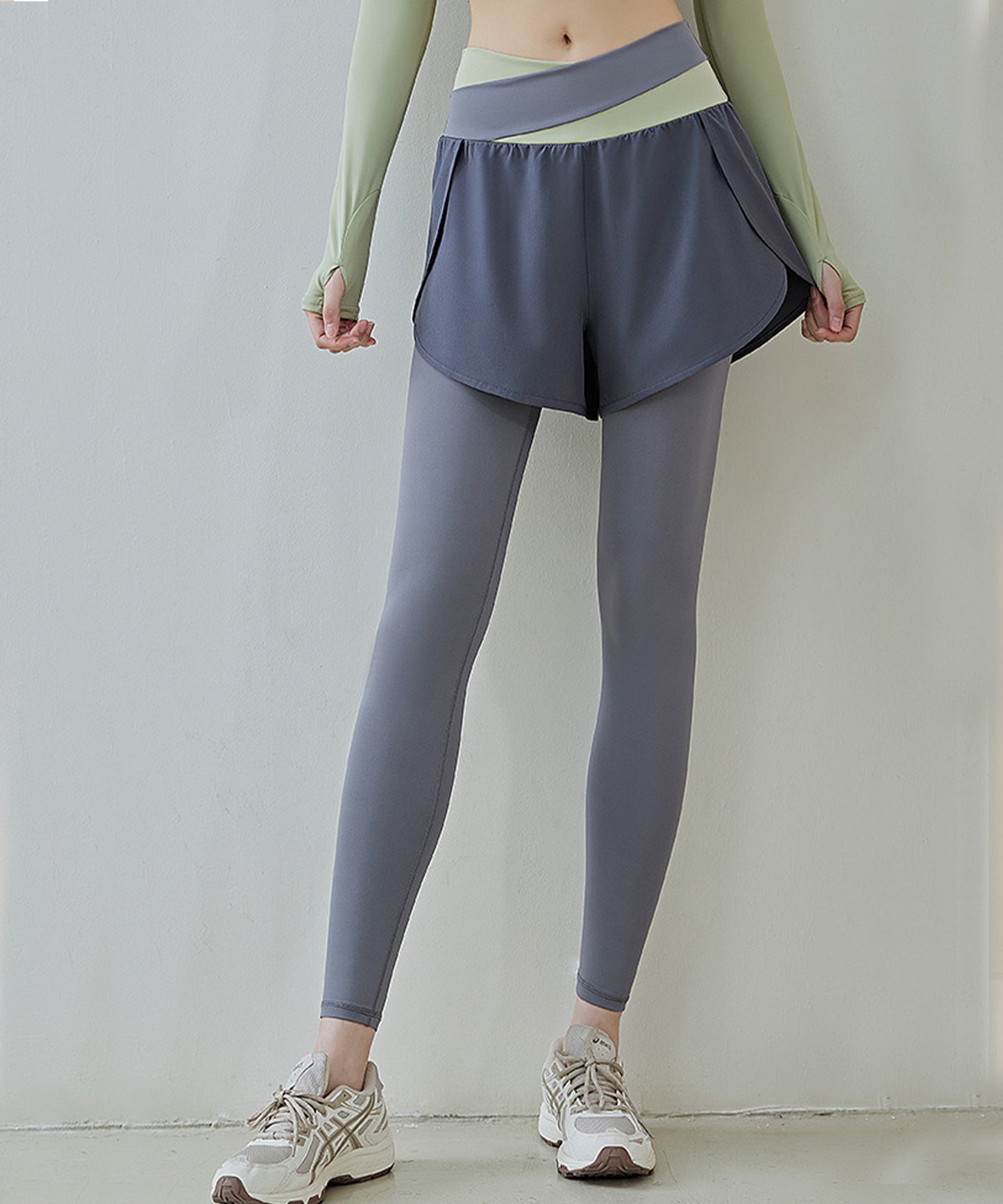 フェイクレイヤード ハイウエスト 配色 ヨガ レギンス 水着 水陸両用