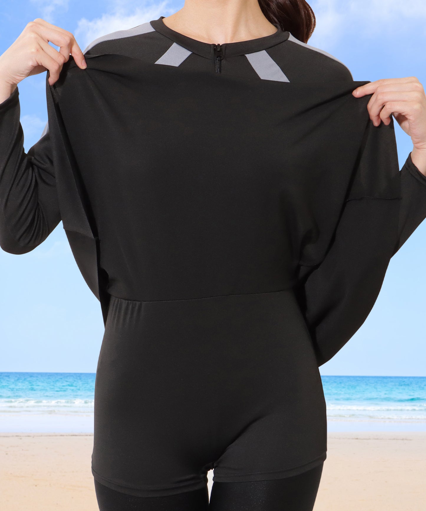 【2点セット】フロントジップ 配色 ライン ワンピース ラッシュガード