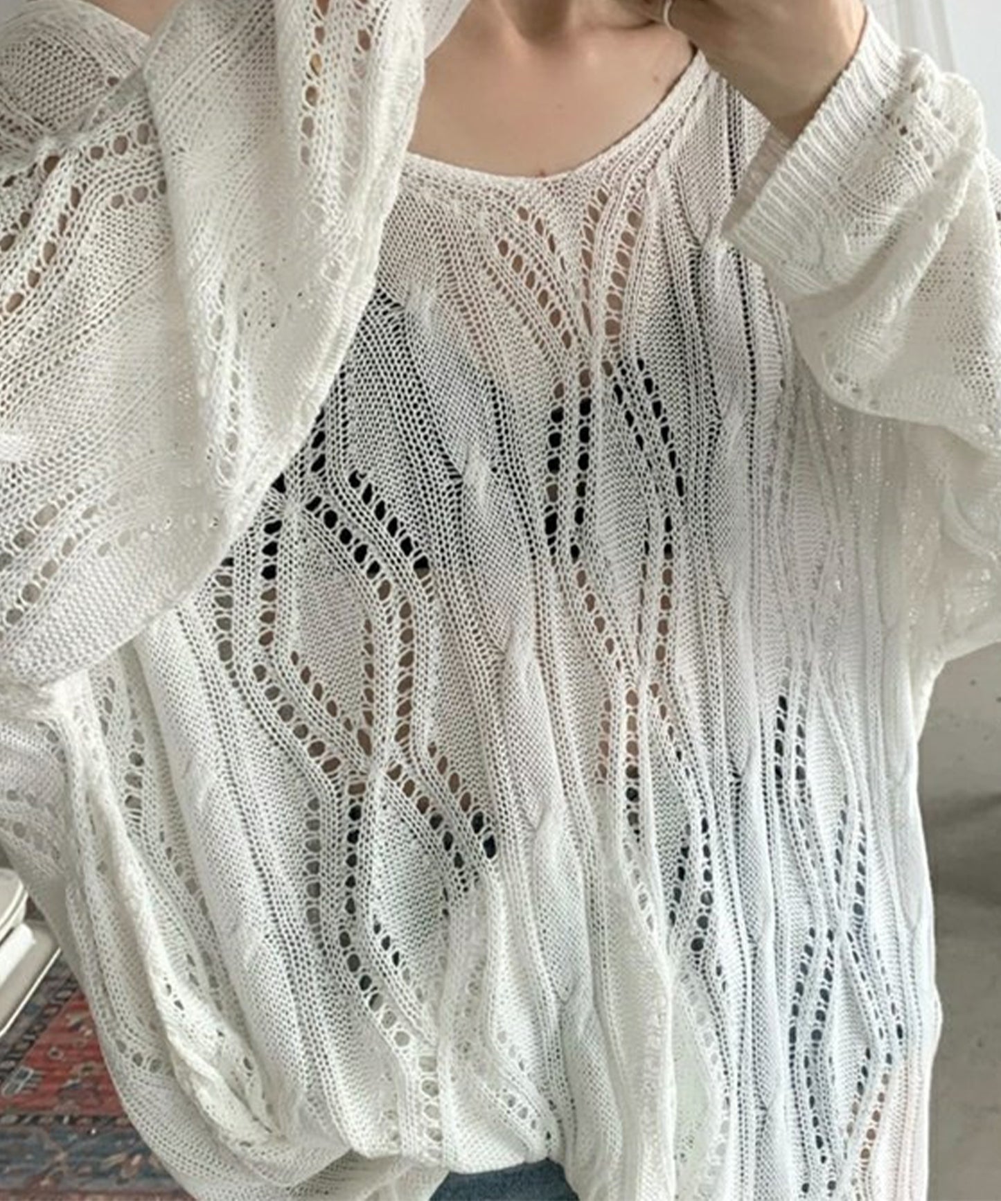 2way 透かし編み レースアップ オーバーサイズ ニット プルオーバー ラッシュガード