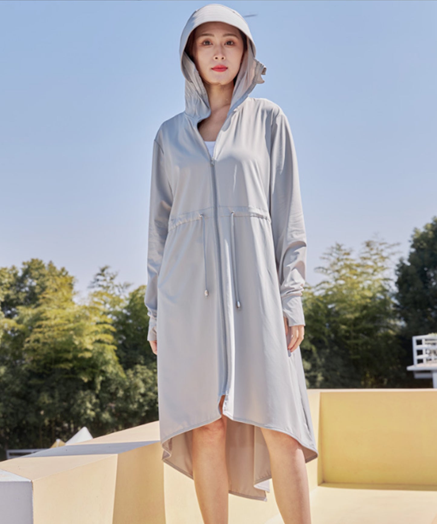 ウエスト ギャザー ロング丈 ジップアップ ラッシュガード