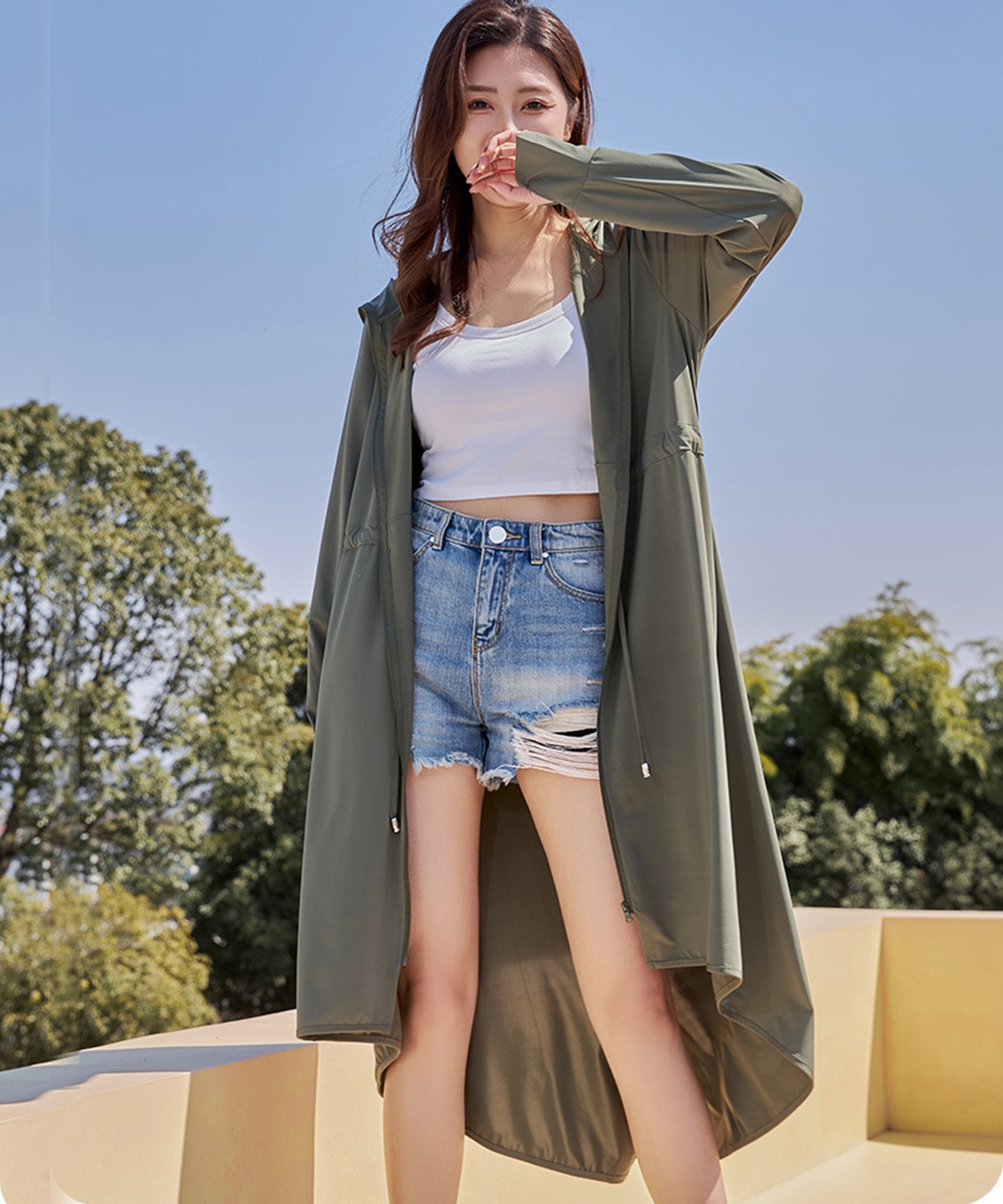 ウエスト ギャザー ロング丈 ジップアップ ラッシュガード
