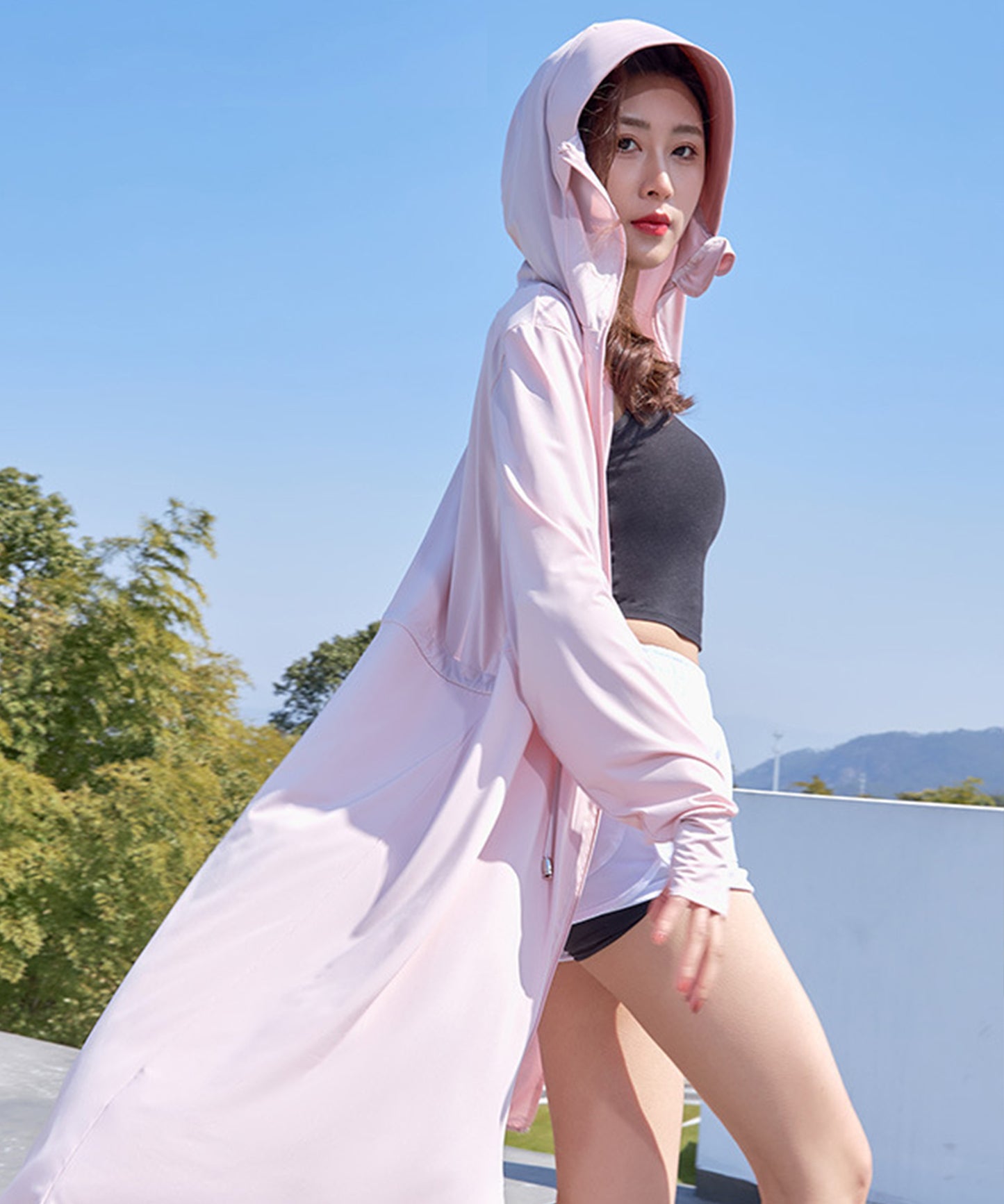 ウエスト ギャザー ロング丈 ジップアップ ラッシュガード
