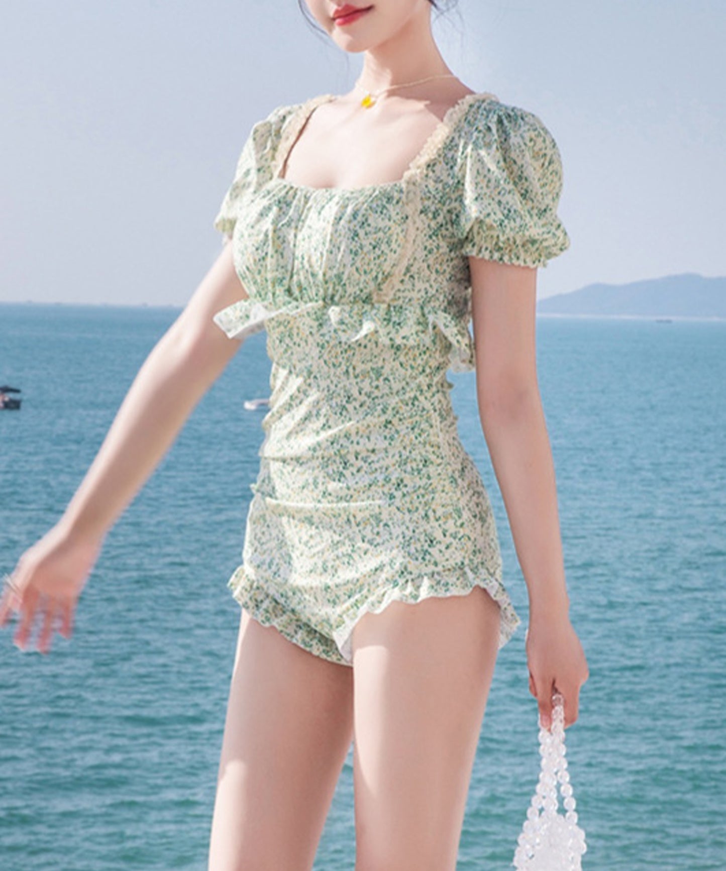小花柄 フリル パフスリーブ ワンピース スイムウエア