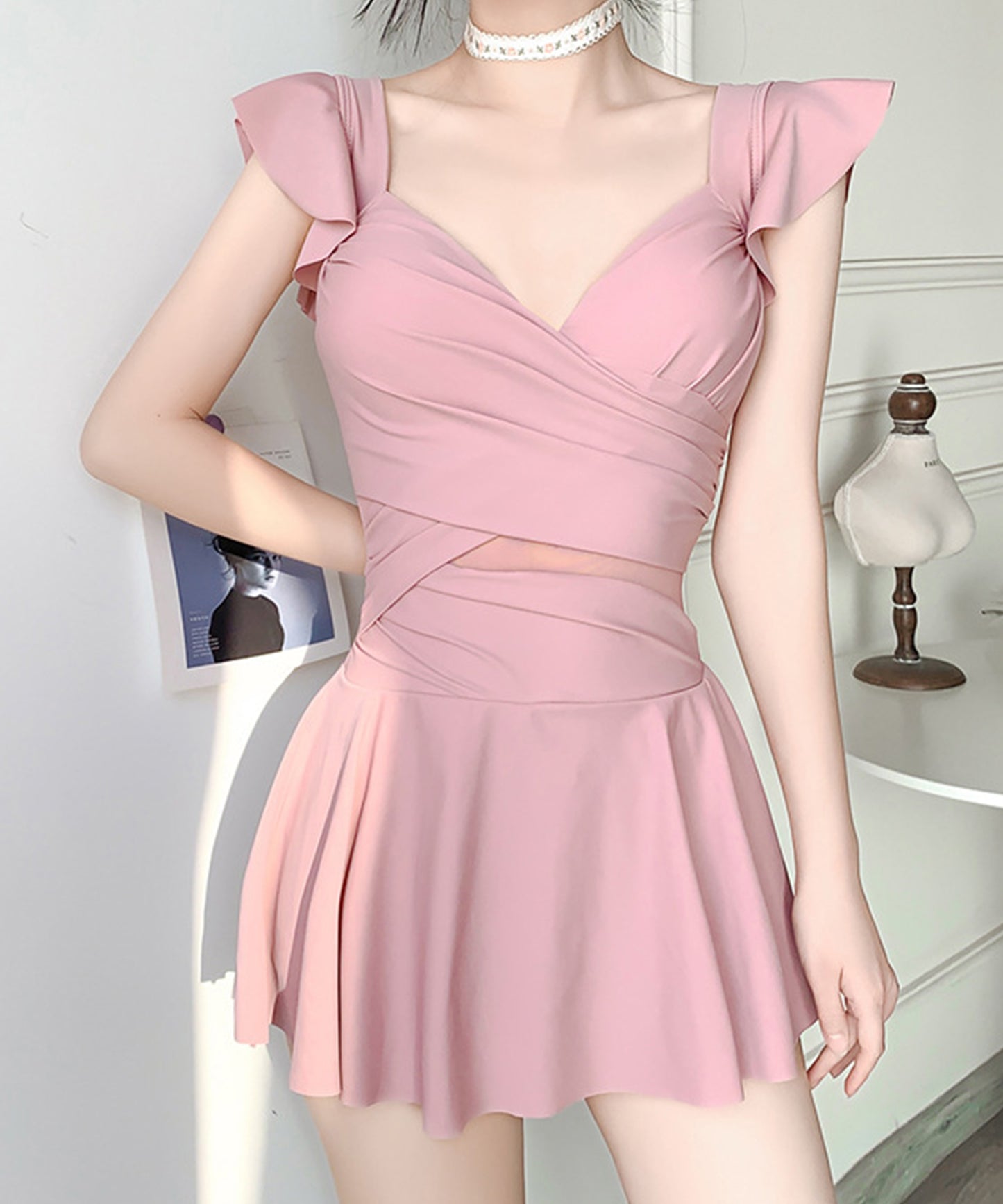 シアー ドッキング フリル袖 ワンピース スイムウエア